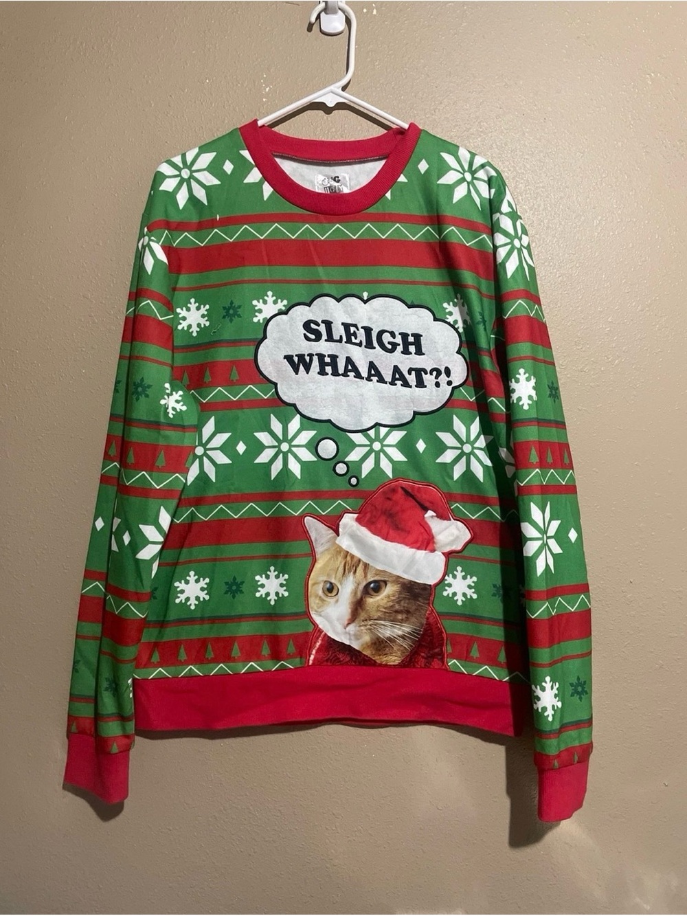 Funny Cat Sleigh Whaaat?! Ugly Christmas Sweater Oversize Adult M